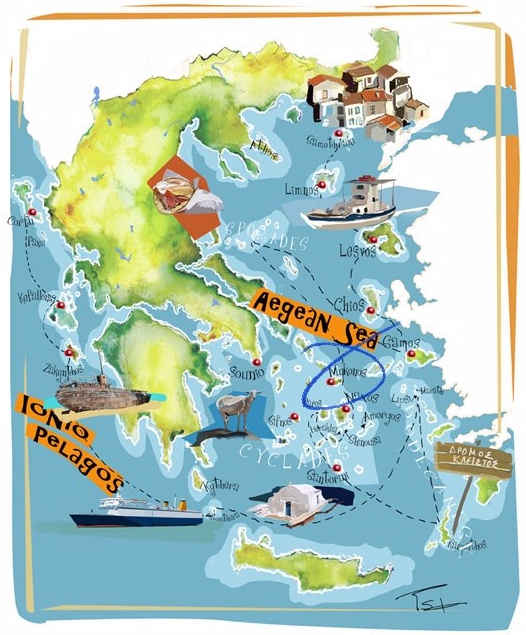 mapa mar egeo grecia islas mykonos